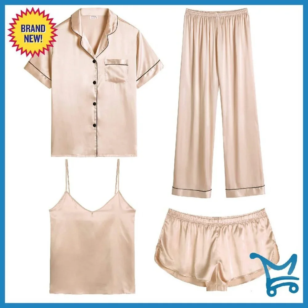 Silk Satin Pajama Set 4pc Adjustable Straps Loungewear Sleepwear